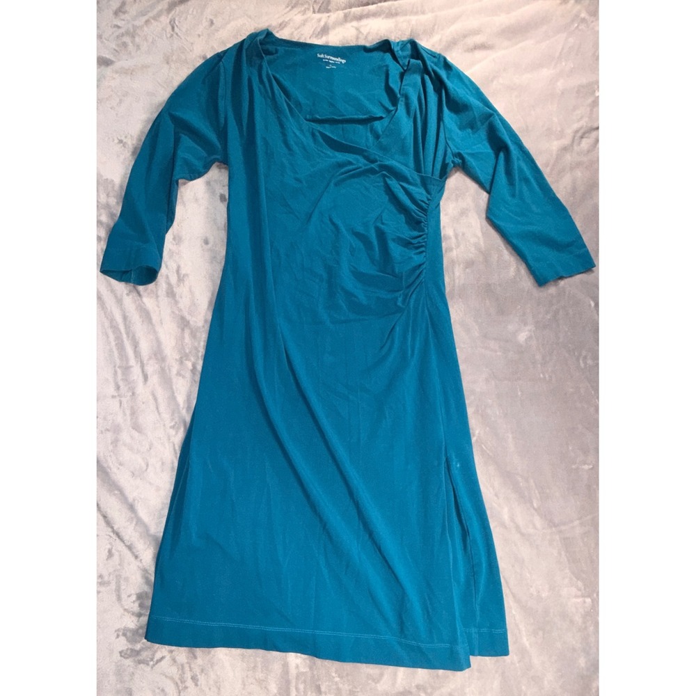 Soft Surroundings Teal Blue Faux Wrap Ruched Midi Dress Womens Tall Large TL
